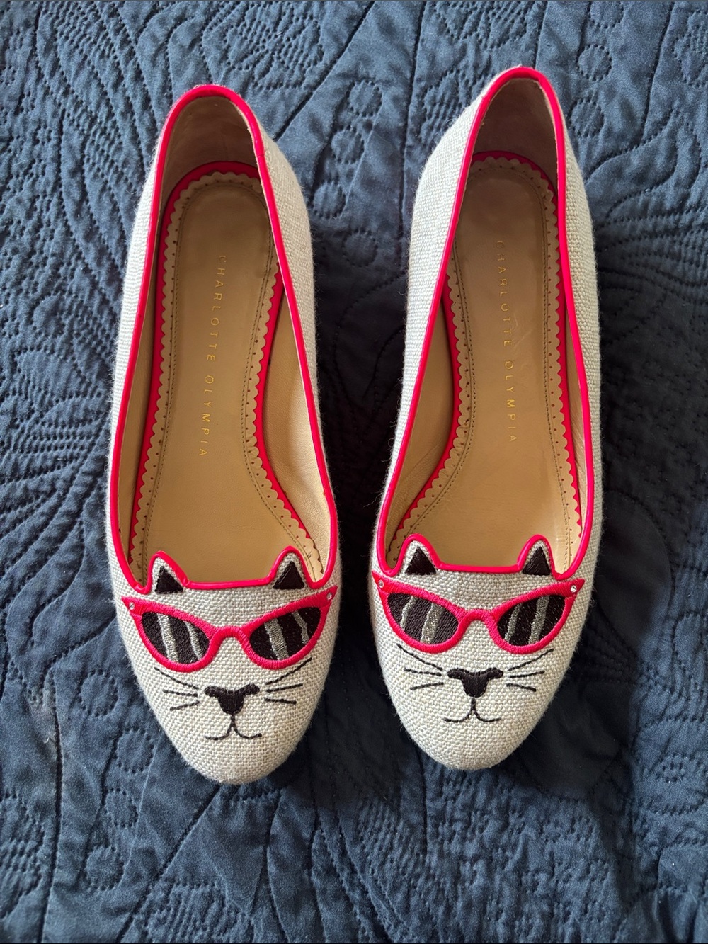Charlotte Olympia Cream Cat-Embroidered Flats with Pink Trim